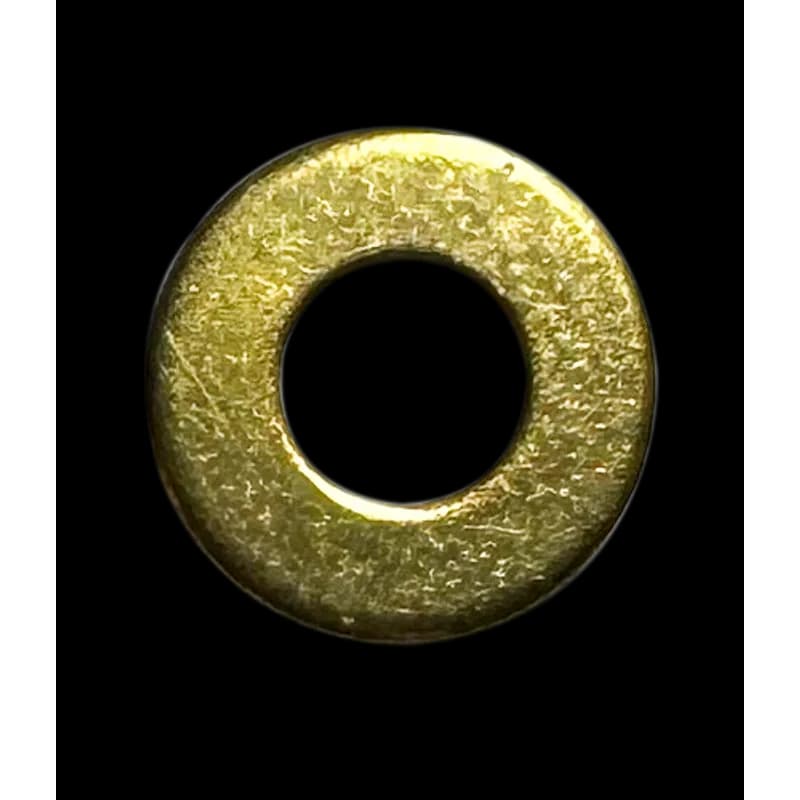 Flat cut washer designed to improve stress distribution and span large clearance holes. It is made of brass with a copper color finish. The washer has a thickness of 0.104", an outside diameter of 0.905", and an inside diameter of 0.390".