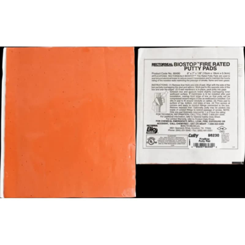 A fire rated putty pad for through-penetration firestop systems. It is a hand moldable, non-curing, single-component material that intumesces when heated to form an insulating char. The pad size is 9 x 9 x 1/8 in and it is used for penetrations including EMT pipe, steel conduit, cabling, and electrical boxes.