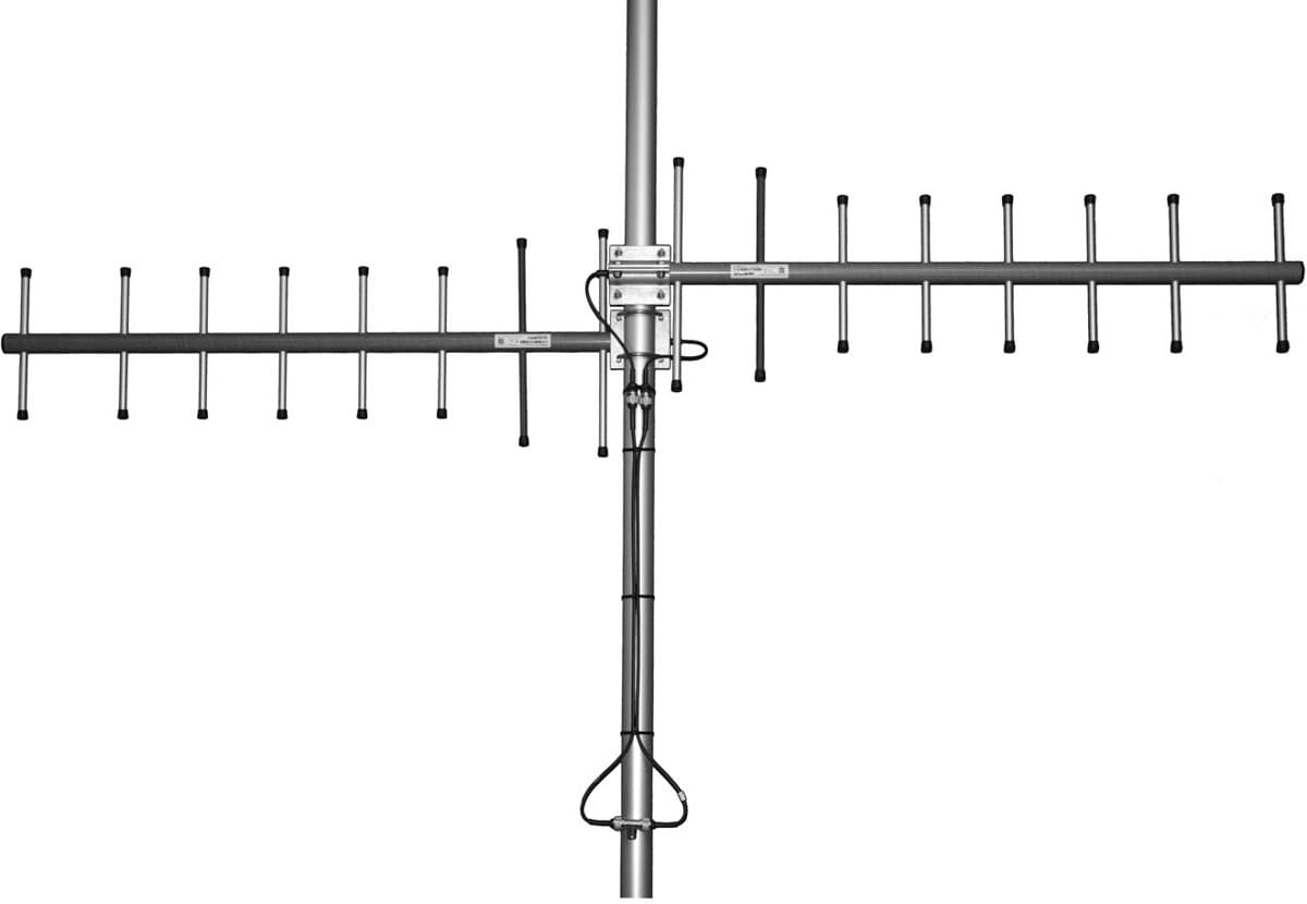 directional end fire yagi array - Frequency range: 365-395 MHz - Gain: 10 dBi - Polarization: vertical/horizontal - Connector: N-/TNC-female - VSWR: <1.5 - Radome: ABS/FG PU foam - Radiator material: copper - Mounting: 35-60 mm diameter pole - Wind load: 264 N
