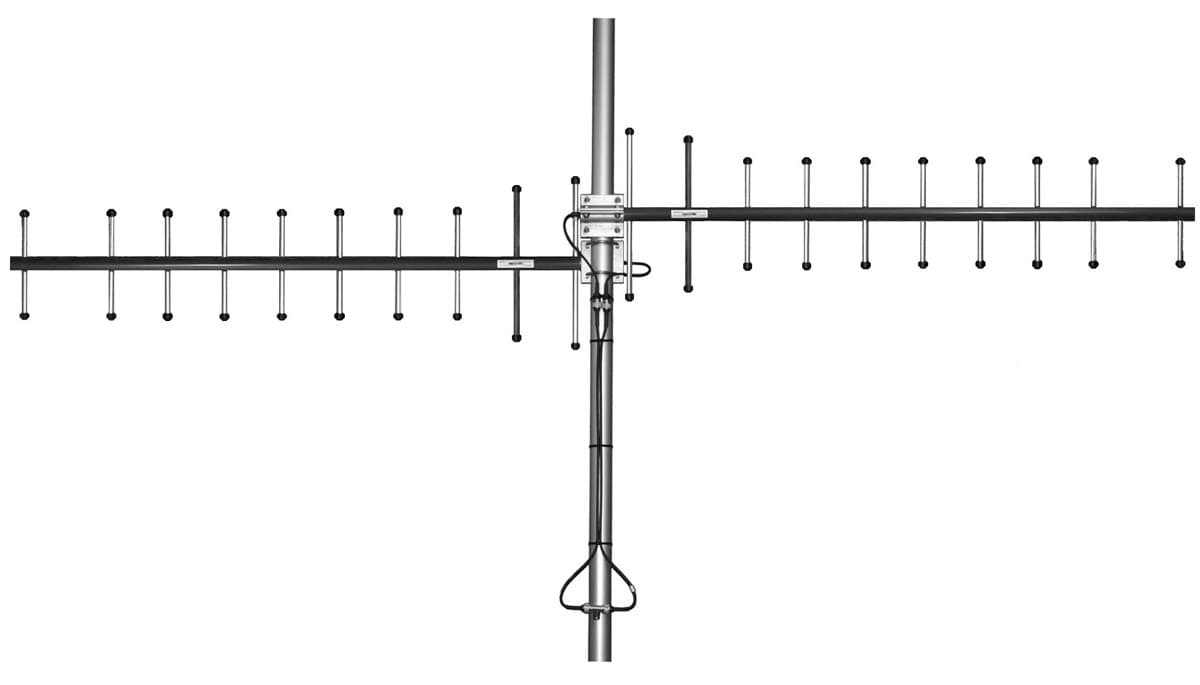 directional end fire yagi array - Frequency range: 380-410 MHz - Gain: 11 dBi - Polarization: vertical/horizontal - Connector: N-/TNC-female - VSWR: <1.5 - Radome: ABS/FG PU foam - Radiator material: copper - Mounting: 35-60 mm diameter pole - Wind load: 310 N