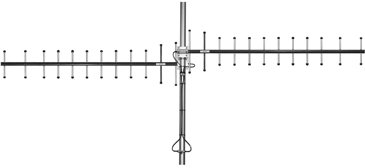 directional end fire yagi array - Frequency range: 405-440 MHz - Gain: 12 dBi - Polarization: vertical/horizontal - Connector: N-/TNC-female - VSWR: <1.5 - Radome: ABS/FG PU foam - Radiator material: copper - Mounting: 35-60 mm diameter pole - Wind load: 346 N