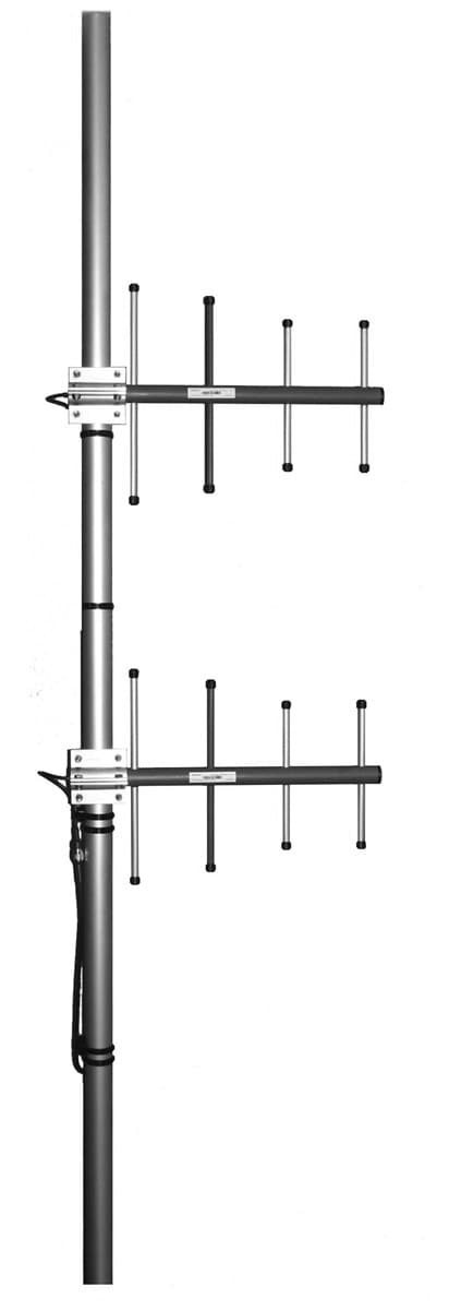 directional stacked yagi array - Frequency range: 440-475 MHz - Gain: 11 dBi - Polarization: vertical/horizontal - Connector: N-/TNC-female - VSWR: <1.5 - Radome: ABS/FG PU foam - Radiator material: copper - Mounting: 35-60 mm diameter pole - Wind load: 124 N