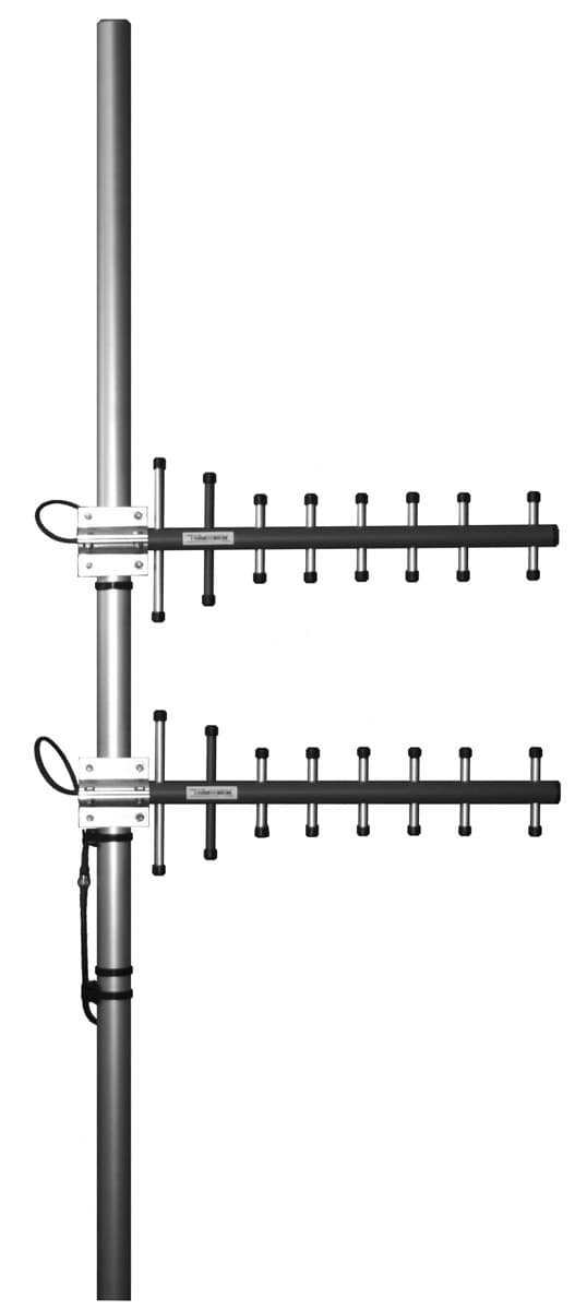 directional stacked yagi array - Frequency range: 830-890 MHz - Gain: 13.5 dBi - Polarization: vertical/horizontal - Connector: N-female - VSWR: <1.5 - Radome: ABS/FG PU foam - Radiator material: copper - Mounting: 35-60 mm diameter pole - Wind load: 130 N