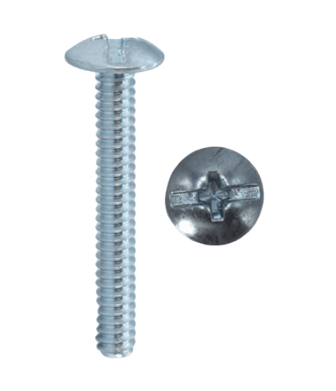 This is a machine screw with a 6-32 size and 1/2 in length. It is made of steel with a zinc plated finish and has a truss head with a Phillips/Slotted combo drive. The screw has a #2 Phillips driver size and is intended for use with a pre-tapped hole or with a nut.
