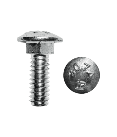 A 1/4-20 x 3/4 carriage bolt with a round head and zinc-plated finish. It is made of steel and has a 1/4 inch diameter with 20 threads. The sheet notes it is designed so the square neck helps keep the bolt from turning as a nut is tightened.