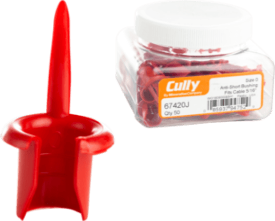 Size 0 plastic anti-short bushing for armored cable. It is made of non-metallic material and has a red finish/color. The sheet states it fits armored cable 5/16"-14/2, 14/3, 12/2, and 12/3.