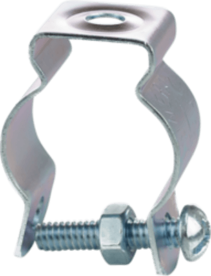 Conduit hanger with bolt and nut for electrical conduit applications. It is made of steel with a zinc plated finish and is intended for 3/4" EMT or 3/4" rigid/IMC pipe. The hanger has a 50 load capacity and includes a 1/4"-20 x 1.250" round head machine screw with a 1/4"-20 hex nut.