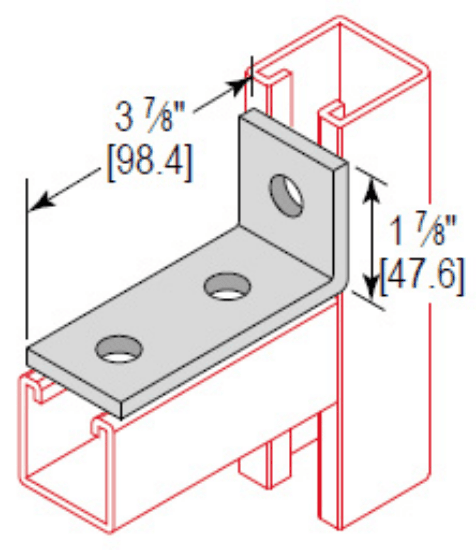 Minerallac Company CA3HEG - A 3-hole cross corner angle from the Strut Fittings line. It is made of carbon steel with an electro-galvanized finish. The part measures 3-7/8 in long, 1-7/8 in high, 1-5/8 in wide, and 1/4 in thick.