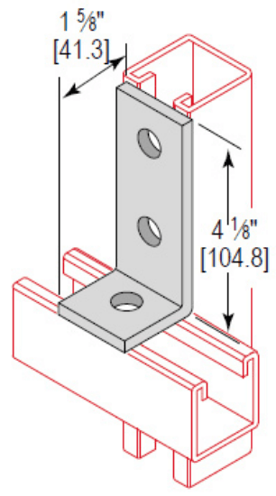 Minerallac Company CA3HLEG - A 3-hole long corner angle strut fitting. It is made of carbon steel with an electro-galvanized finish. The part measures 1-5/8 in. long by 1-5/8 in. wide by 4-1/8 in. high and has a thickness of 1/4 in.