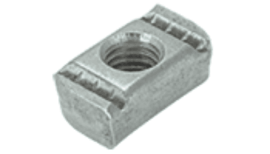 A steel channel nut for strut fittings with a #10-24 thread size. It is made without a spring and has a 1/4 inch thickness. The finish is electro-galvanized.