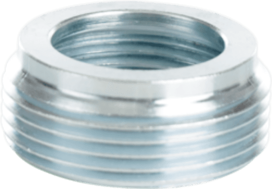 This is a reducer bushing for reducing the size of a female hub to accommodate a smaller size of conduit or male threaded hub. It is made of steel with a zinc plated finish. The size is 1-1/4" - 1/2" and the color is silver.