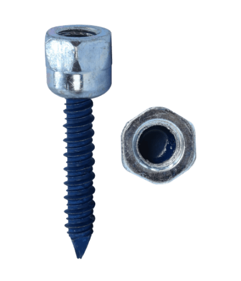 Minerallac Company 61185J - Threaded rod anchor for concrete, designed for vertical or horizontal installation into concrete structures for hanging threaded rod. Made of steel with a Blue Climaseal coating. Size is 5/16 in with a 1-3/4 in length and a 5/8 in AF end-drilled head for 1/4 in rod.