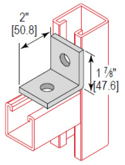 A 2 hole corner angle angular fitting for strut fittings. It is made of carbon steel with an electro-galvanized finish. The part measures 1-7/8" high, 1-5/8" wide, and 2" deep, with 2 holes sized 9/16" and a thickness of 1/4".