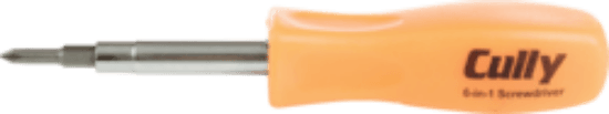 Minerallac Company 37014 - A 6-in-1 economy screwdriver for fastening applications. It has Phillips tips (#1 and #2), slotted tips (1/4 and 3/16 in.), and hex tips (1/4 and 5/16 in.). The screwdriver has a plastic orange handle, a round shank, and an overall length of 7-1/2 in.