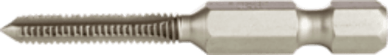 An 8-32 power tap with a hex shank. It is a spiral point tap intended for machine tapping through holes or blind holes with adequate bottom clearance. The tap has UNC threads and a 3/4 in thread length.