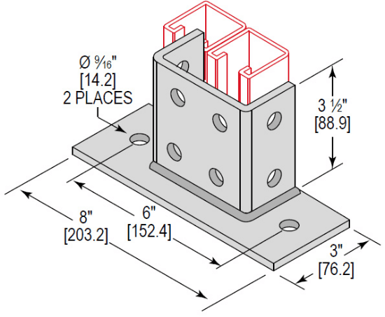 Minerallac Company PBD2H350FLEG - Post base double channel with 2 holes and a 3-1/2 flush configuration. It is zinc plated. The sheet identifies it as catalog number PBD2H350FLEG.