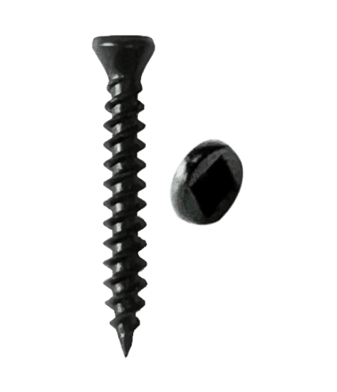 Trim head wood screws made of steel with a black phosphate finish. They are size 6 x 2-1/4 in., with a coarse thread and square drive. The screws have a black trim head with a 0.245 in. head diameter and are intended for attaching base board or trim through one or two layers of drywall to 12 - 20 gauge metal studs.