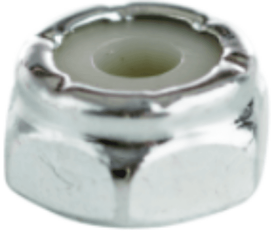 A nylon insert stop nut in a hex locknut style. It is made of steel with a zinc plated finish and silver color. The nut is size #10 with 24 thread size, right-handed thread direction, 0.249" thickness, and 0.376" width.