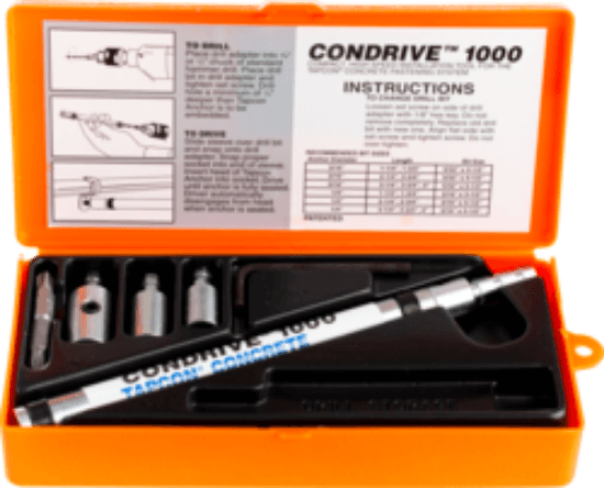 ITW Tapcon Condrive 1000 Installation Tool Kit for quick installation of Tapcon hex head and Phillips flat head anchors up to 3-3/4 in. long. The kit includes a 5/16 in. hex driver, 1/4 in. hex driver, 1/4 in. Phillips bit holder, #3 Phillips bit, #2 Phillips bit, T25 star bit, and T30 star bit. It is a multi-purpose anchor setting tool kit.