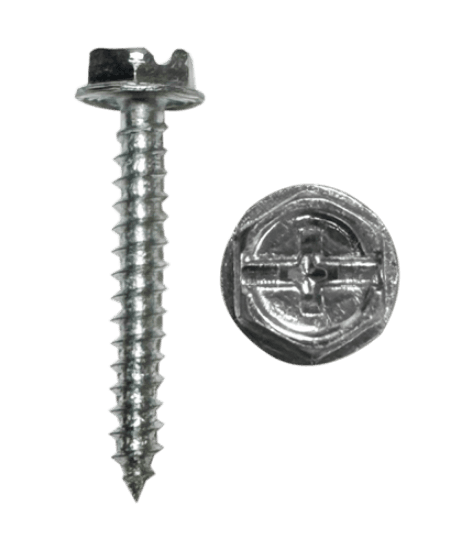 Self-tapping sheet metal screws for use with sheet metal. They are made of steel with a zinc plated finish. The screws are size 10 x 1 in, with a hex washer head and Phillips/Slotted combo drive.