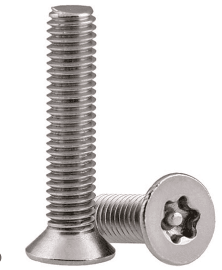 Tamperproof machine screws with a flat head and Star Pin drive. They are made from 18-8 stainless steel with a stainless finish for applications requiring general atmospheric corrosion resistance. The screw size is #6 x 3/8 in with 2A external threads and a T-10H driver size.