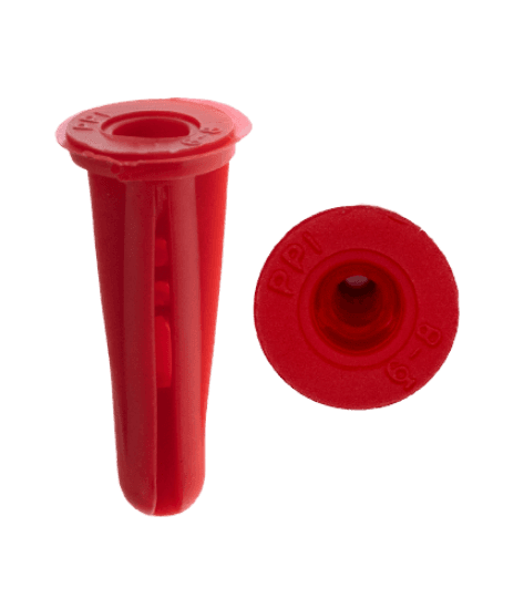 A light-duty plastic anchor for use in hollow walls and in concrete, brick, or masonry. It is made of polyethylene and is red in color. The anchor is sized for #14-#16 screws and is 1-3/8 in. long with a 5/16 in. drill size.