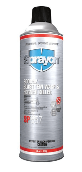 An aerosol spray insect killer for wasps, hornets, and yellow jackets. It can be used indoors and outdoors and is intended for use on utility meters and boxes, nesting areas in eaves and shrubs, and outside surfaces such as screens, doors, window frames, and porch or garage light fixtures. The can is 20 oz with a net weight of 14 oz and uses an aerosol spray applicator.