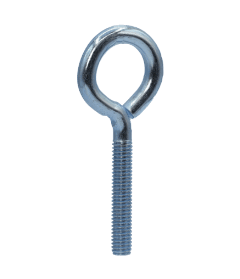 A closed eye bolt with one 1/4 in. hex nut. It is made of carbon steel with a zinc plated finish. The bolt is 5 in. long and 1/4 in. in diameter with 20 threads per inch. It is used for permanent fastening in side-to-side applications with hooks and may be used overhead to suspend light weights temporarily.