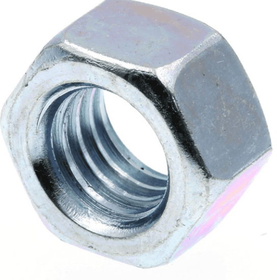 Finished hex nuts for use with machine screws. They are made of steel with a zinc plated finish and are silver in color. The nut size is 5/8" with 11 coarse threads and right-hand thread direction. Listed dimensions include 0.546" height and 0.938" width.