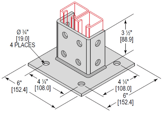 Minerallac Company PBD4H350SQEG - Post base double channel with 4 holes and a 3-1/2 square size. It is zinc plated. The sheet identifies it as catalog number PBD4H350SQEG.