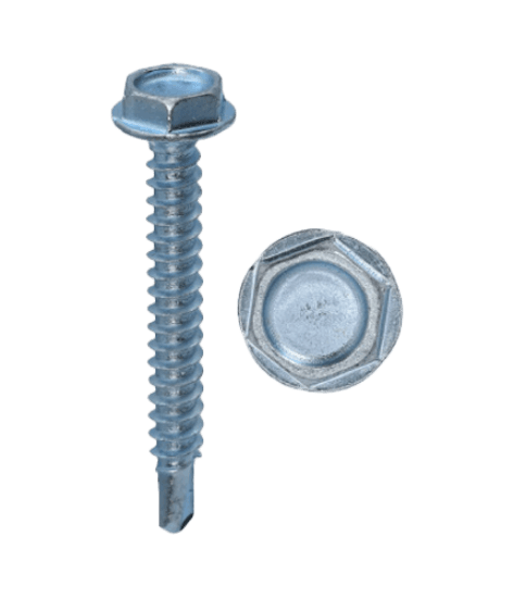 A self-drilling (TEK) sheet metal screw with a hex washer head and #3 drill point. It is made of 410 stainless steel with a stainless finish. The screw is size #10-16 and 1 inch long.