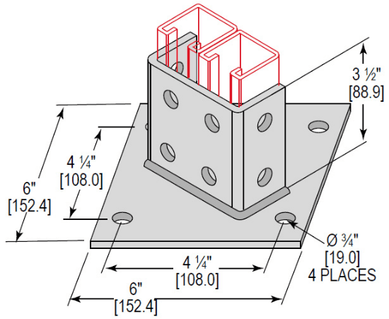 Minerallac Company PBD4H350EG - Post base double channel with 4 holes and standard 3-1/2 size. It is zinc plated. The sheet identifies it as catalog number PBD4H350EG.