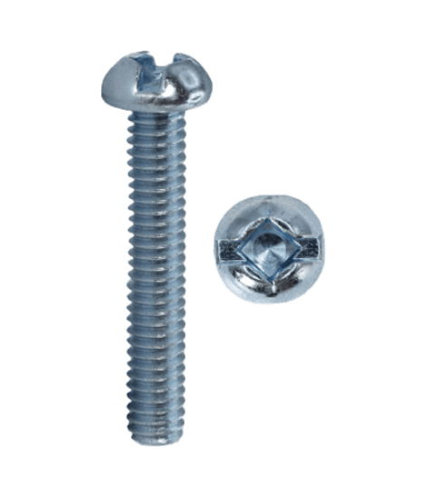 Machine screw with a round head and square/slotted combo drive. It is made of steel with a zinc plated finish and silver head color. The screw is 1 inch long with 6-32 size, #1 driver size, 0.103 inch head height, and 0.260 inch head diameter. It is for use with a pre-tapped hole or with a nut.