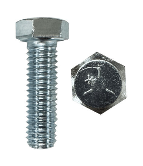 Hex head cap screw with a 3/8-16 coarse thread size and 3/4 in length. Made of Grade 5 steel and zinc plated with a silver head color. The sheet notes it is fully threaded and has a hex head.