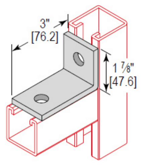 Angular fitting made of carbon steel with an electro-galvanized finish. It measures 3" deep, 1-7/8" high, and 1-5/8" wide. The part has 2 holes sized 9/16" and a thickness of 1/4".