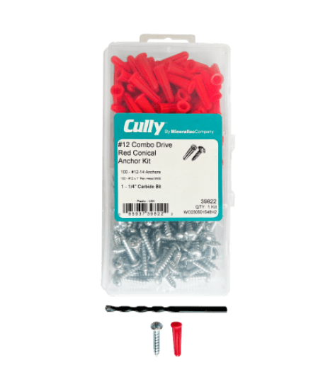 This is a plastic anchor kit with #12 Phillips/slotted pan head fasteners and red conical anchors. The anchors are engineered plastic and are intended for light-duty use in drywall, concrete, hollow block, or brick. The kit includes #12 x 1.000" fasteners, #10–#12 anchors, and a 1/4" carbide drill bit.