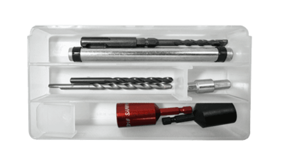 Minerallac Company 61190 - A steel concrete installation kit for installing Wood and Concrete Sammys Threaded Rod Anchors. It includes a quick connect sleeve for one-tool installation and is intended for vertical and horizontal applications. The kit has a silver head color and includes multiple bits and nut drivers.