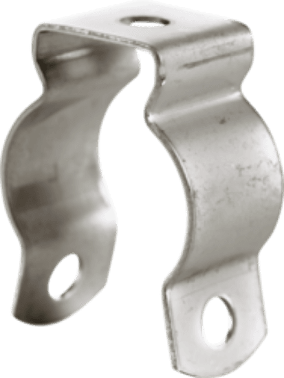 Conduit hanger for electrical conduit. It is made of aluminum with a silver finish and is designed to fit 1/2" EMT or 3/8" to 1/2" rigid/IMC conduit. The hanger measures 1.80" x 0.75" x 0.95" and has a 50 load capacity.