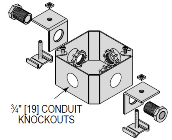 Minerallac Company JBU2OPEG - A junction box universal with 2 connectors opposite. The sheet lists the product as JBU2OPEG and identifies it as a stud bolt category item. No material, finish, or dimensional attributes are printed on the sheet.