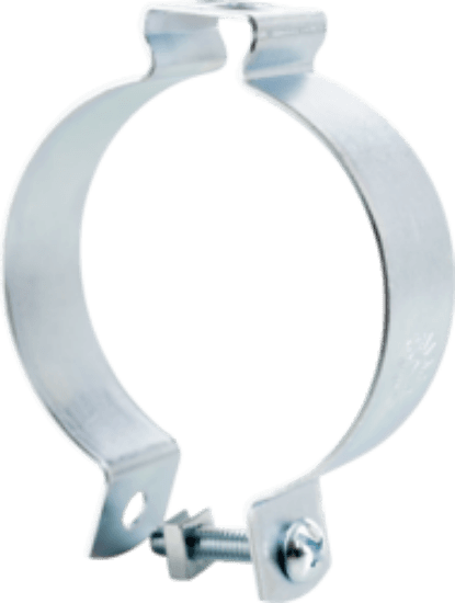 Conduit hanger with bolt and nut for electrical conduit. It is made of steel with a zinc plated finish and includes bolt and nut. The hanger fits 3" rigid/IMC and EMT conduit and has a load capacity of 165.