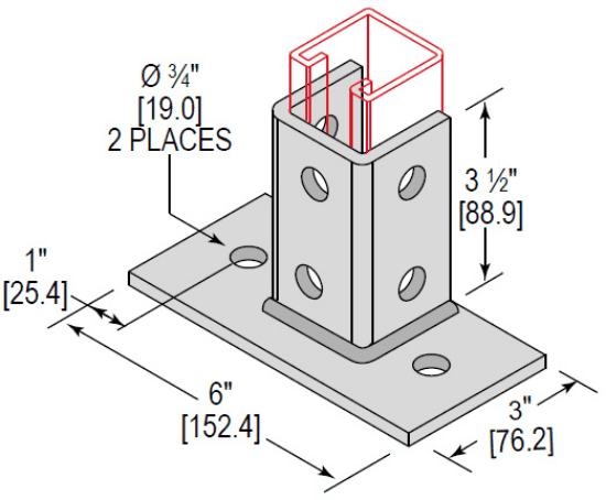 Minerallac Company PBS2H350SQFLEG - A post base single channel with 2-hole square flush design. It is zinc plated and specified as 3-1/2 in size. The sheet identifies it as a stud bolt product for post base applications.